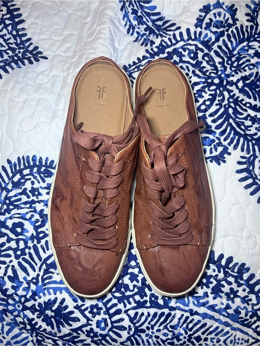 Frye Women's Ivy Low Lace Mules in cognac